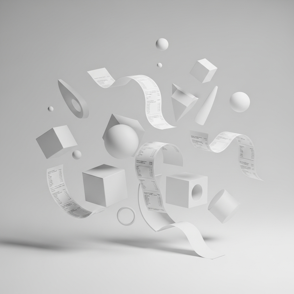 Floating receipts and abstract shapes representing organized spending